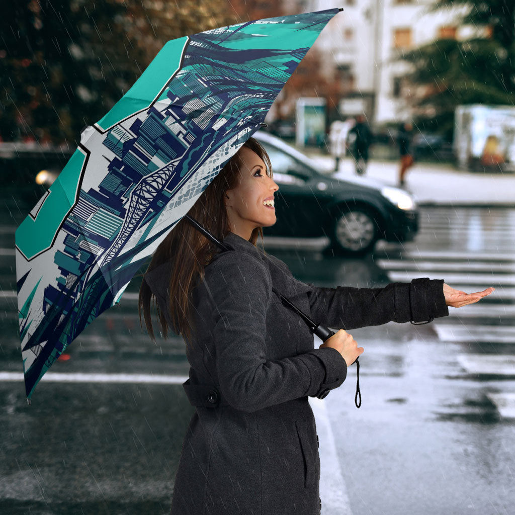 Personalised Brisbane Heat Cricket Fan Pride Umbrella Dynamic Flaming Cricket Graphic Art With Brisbane Skyline