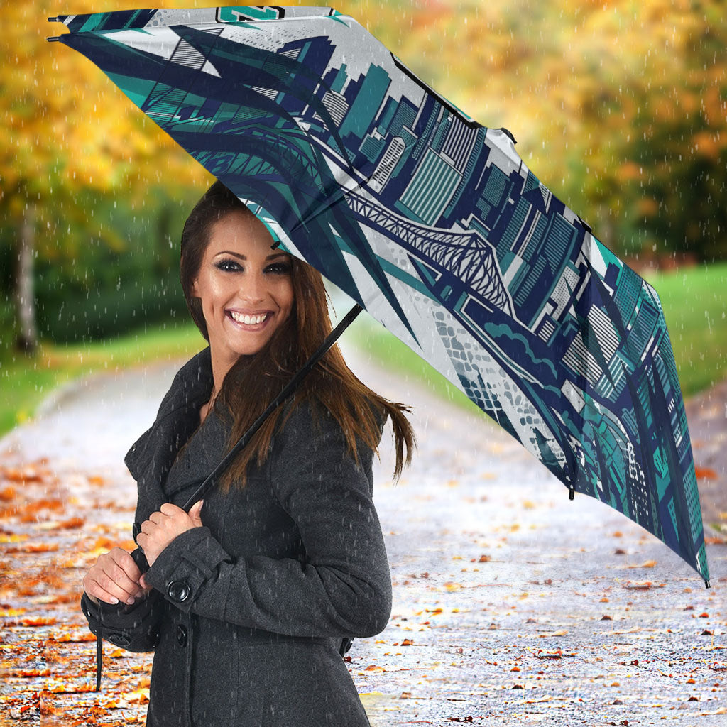 Personalised Brisbane Heat Cricket Fan Pride Umbrella Dynamic Flaming Cricket Graphic Art With Brisbane Skyline