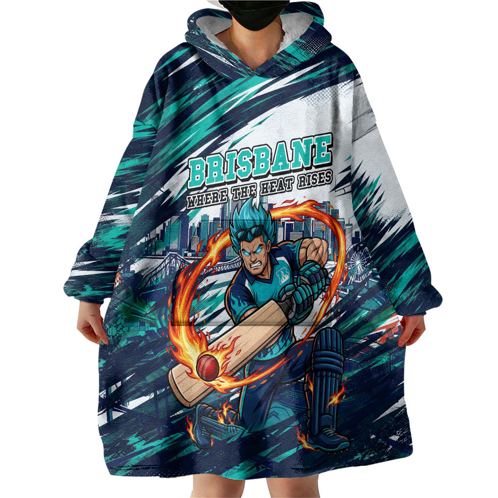 Personalised Brisbane Heat Cricket Fan Pride Wearable Blanket Hoodie Dynamic Flaming Cricket Graphic Art With Brisbane Skyline