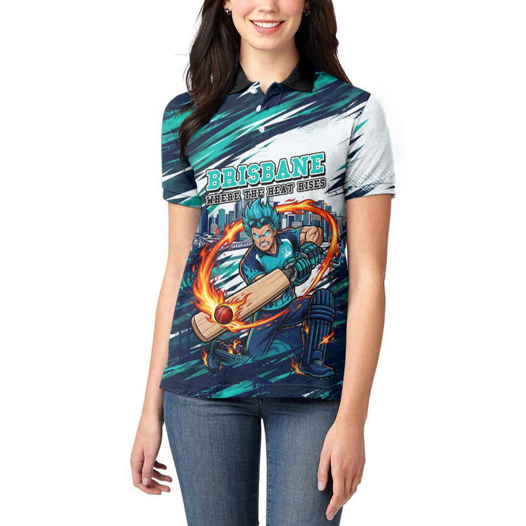 Personalised Brisbane Heat Cricket Fan Pride Women Polo Shirt Dynamic Flaming Cricket Graphic Art With Brisbane Skyline