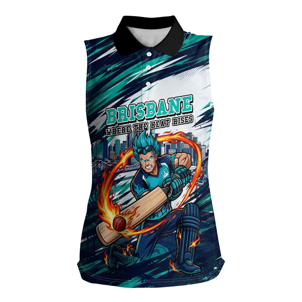 Personalised Brisbane Heat Cricket Fan Pride Women Sleeveless Polo Shirt Dynamic Flaming Cricket Graphic Art With Brisbane Skyline