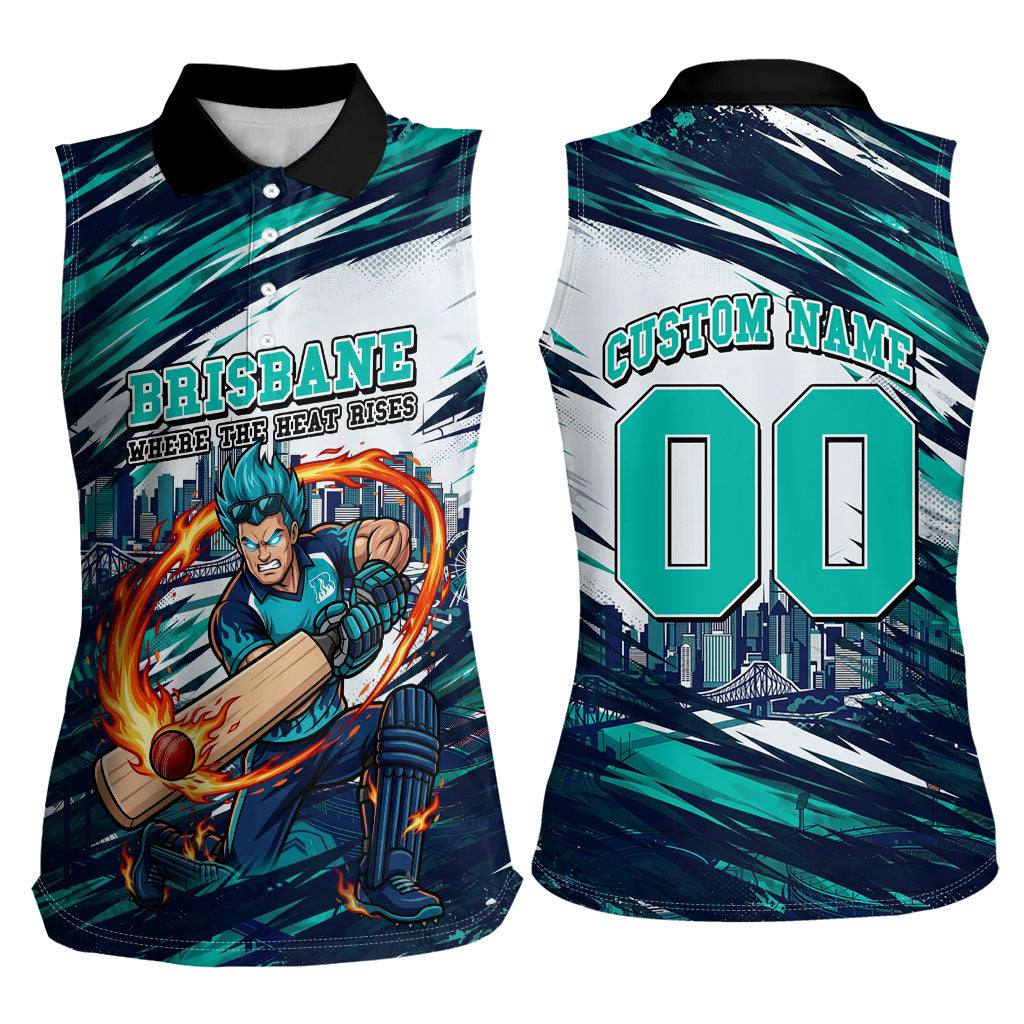 Personalised Brisbane Heat Cricket Fan Pride Women Sleeveless Polo Shirt Dynamic Flaming Cricket Graphic Art With Brisbane Skyline