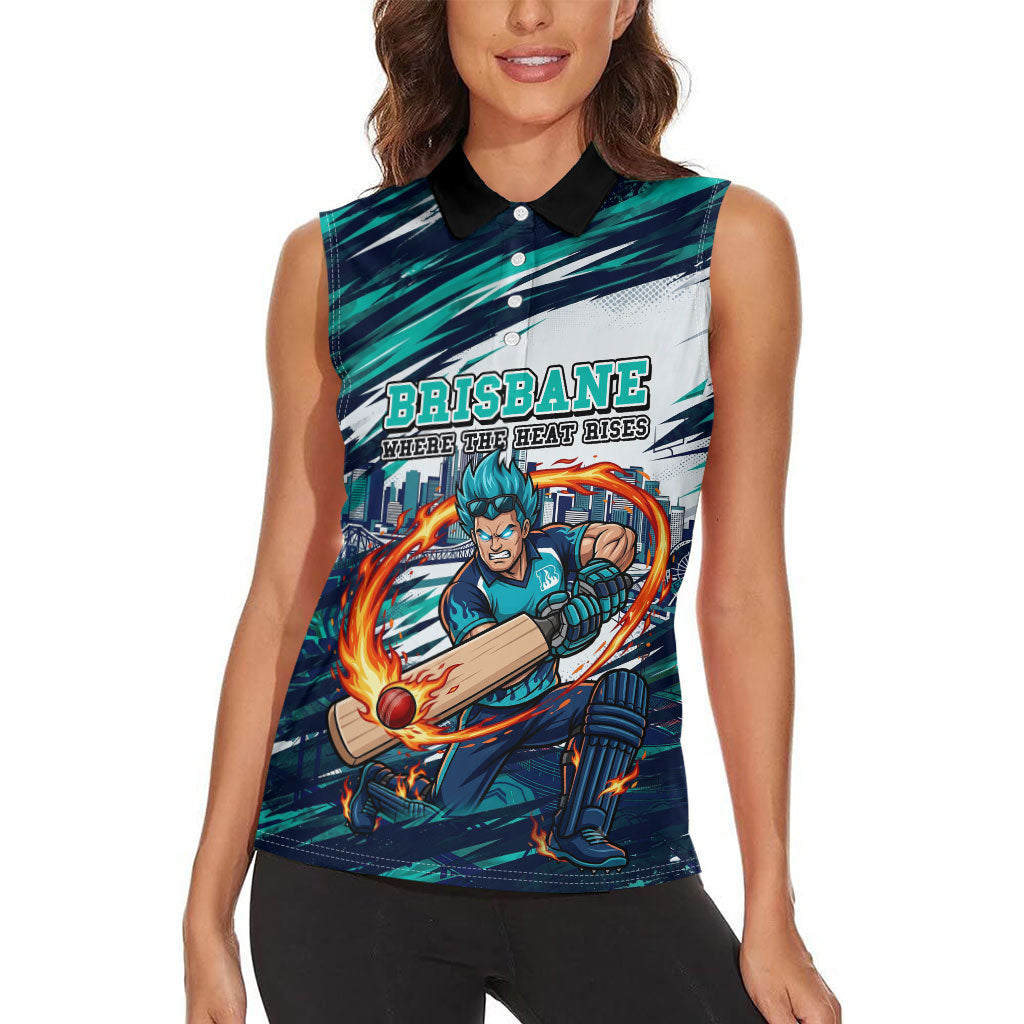 Personalised Brisbane Heat Cricket Fan Pride Women Sleeveless Polo Shirt Dynamic Flaming Cricket Graphic Art With Brisbane Skyline