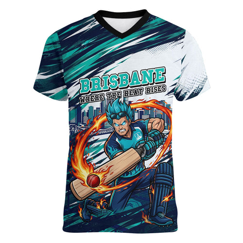Personalised Brisbane Heat Cricket Fan Pride Women V-Neck T-Shirt Dynamic Flaming Cricket Graphic Art With Brisbane Skyline