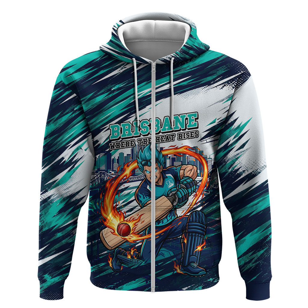Personalised Brisbane Heat Cricket Fan Pride Zip Hoodie Dynamic Flaming Cricket Graphic Art With Brisbane Skyline