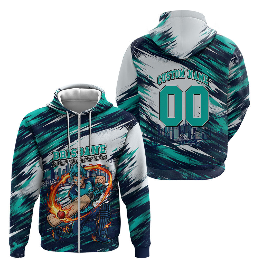 Personalised Brisbane Heat Cricket Fan Pride Zip Hoodie Dynamic Flaming Cricket Graphic Art With Brisbane Skyline