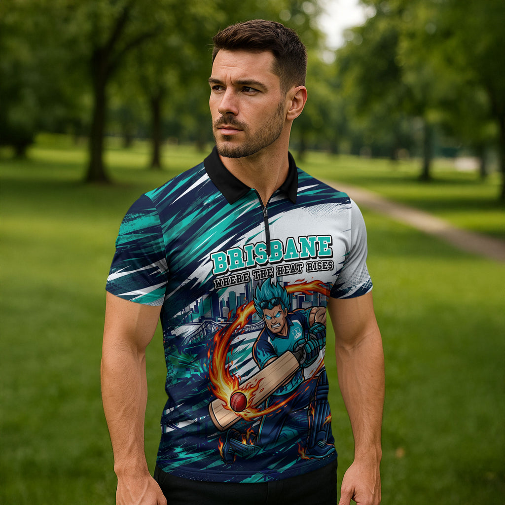 Personalised Brisbane Heat Cricket Fan Pride Zipper Polo Shirt Dynamic Flaming Cricket Graphic Art With Brisbane Skyline