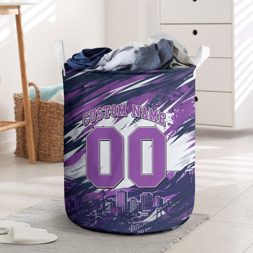 Personalised Hobart Hurricanes Cricket Fan Pride Laundry Basket Dynamic Swirling Storm Cricket Graphic Art With Hobart Skyline