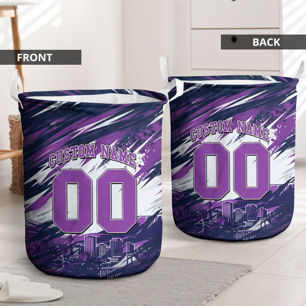 Personalised Hobart Hurricanes Cricket Fan Pride Laundry Basket Dynamic Swirling Storm Cricket Graphic Art With Hobart Skyline