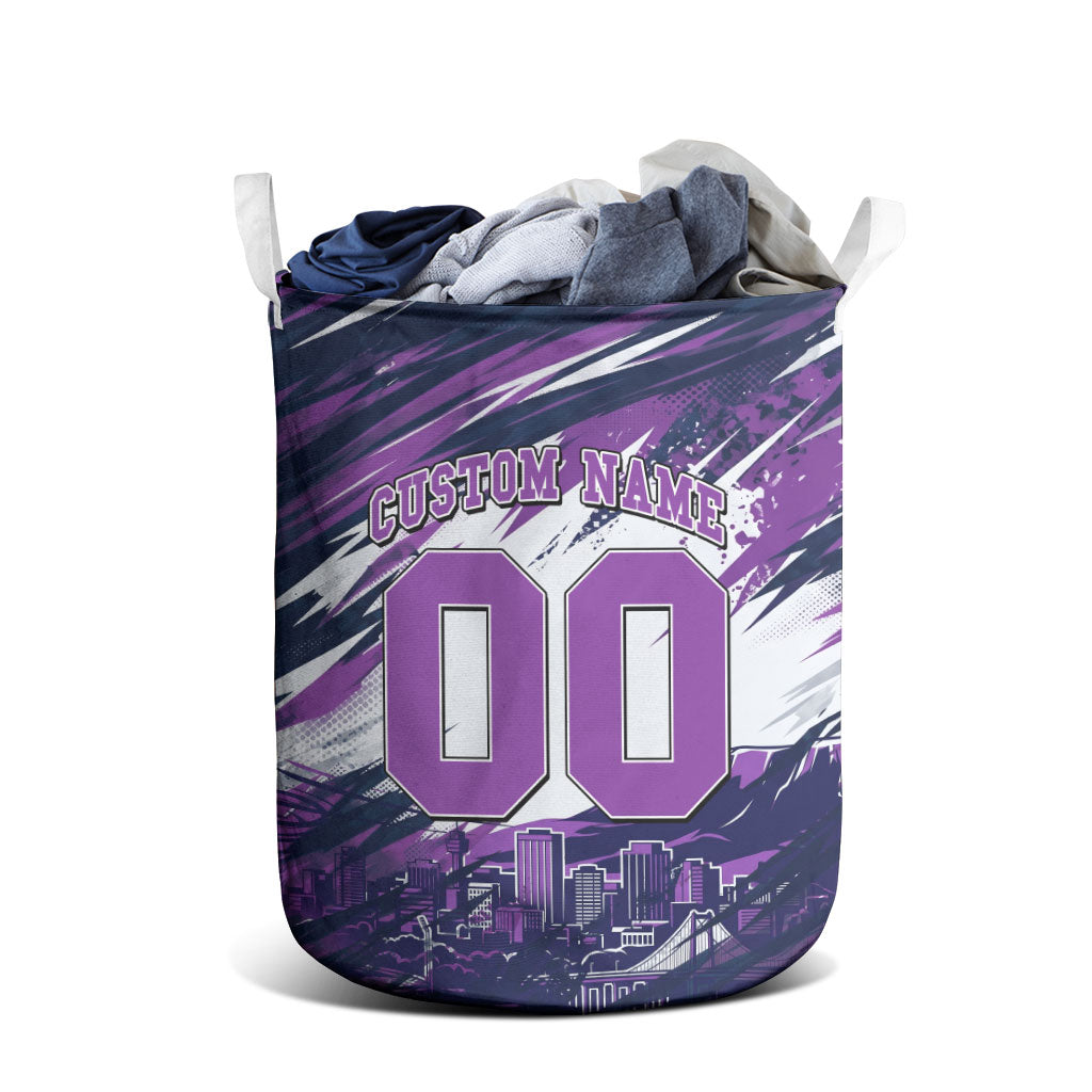 Personalised Hobart Hurricanes Cricket Fan Pride Laundry Basket Dynamic Swirling Storm Cricket Graphic Art With Hobart Skyline
