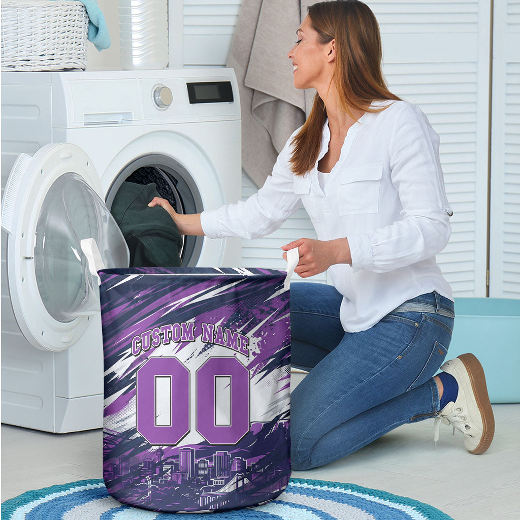 Personalised Hobart Hurricanes Cricket Fan Pride Laundry Basket Dynamic Swirling Storm Cricket Graphic Art With Hobart Skyline