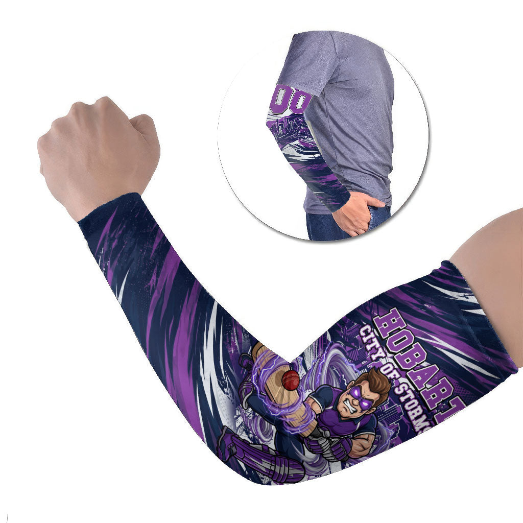 Personalised Hobart Hurricanes Cricket Fan Pride Arm Sleeves Dynamic Swirling Storm Cricket Graphic Art With Hobart Skyline