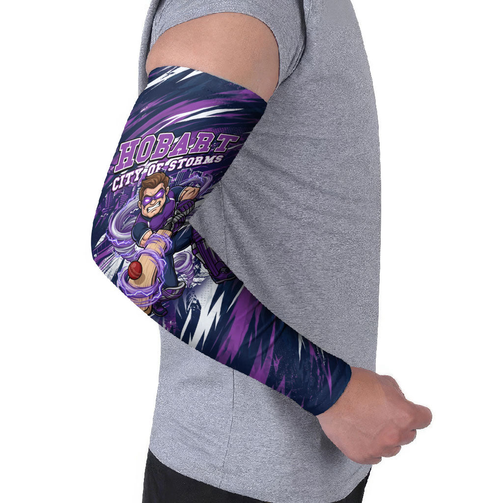 Personalised Hobart Hurricanes Cricket Fan Pride Arm Sleeves Dynamic Swirling Storm Cricket Graphic Art With Hobart Skyline