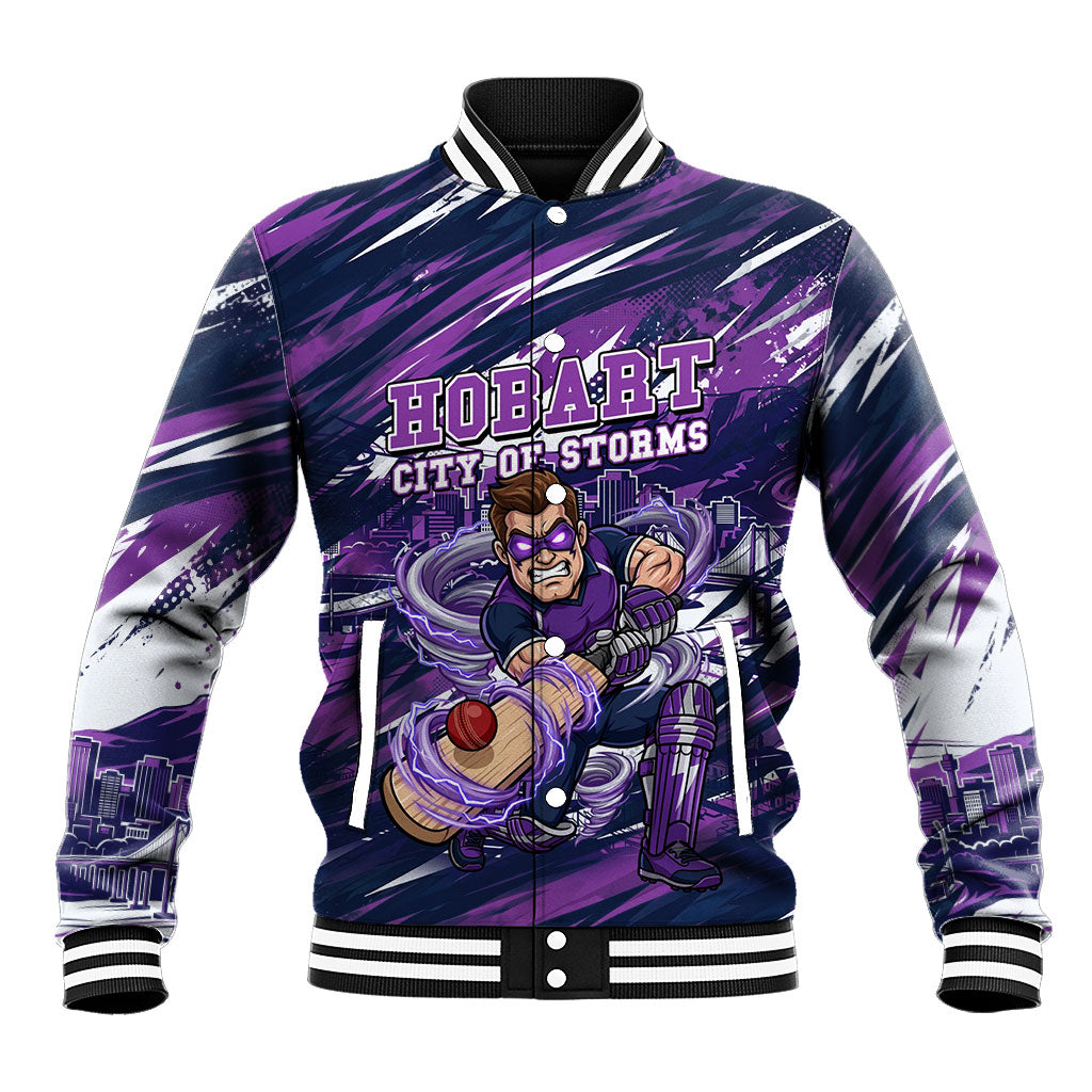 Personalised Hobart Hurricanes Cricket Fan Pride Baseball Jacket Dynamic Swirling Storm Cricket Graphic Art With Hobart Skyline