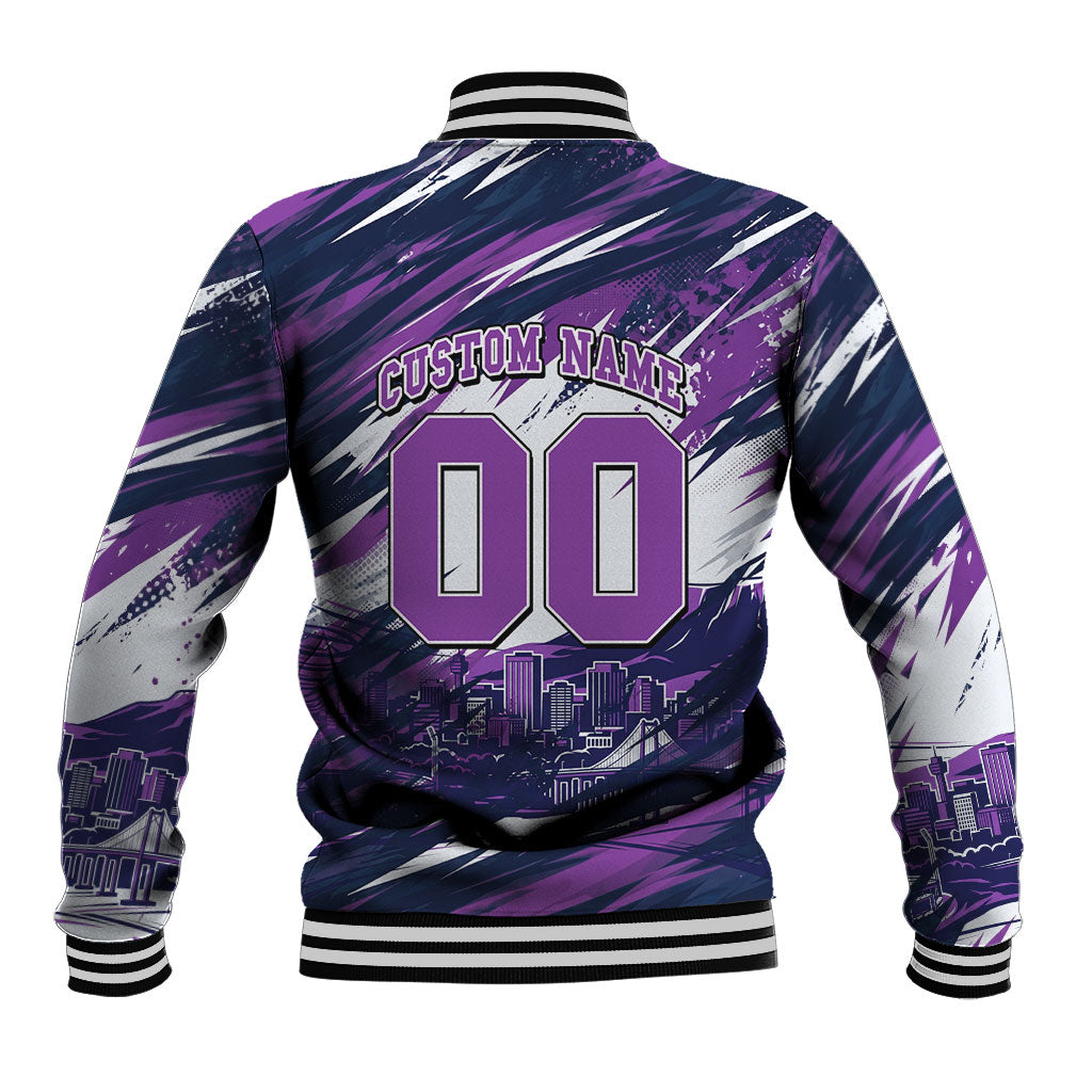 Personalised Hobart Hurricanes Cricket Fan Pride Baseball Jacket Dynamic Swirling Storm Cricket Graphic Art With Hobart Skyline