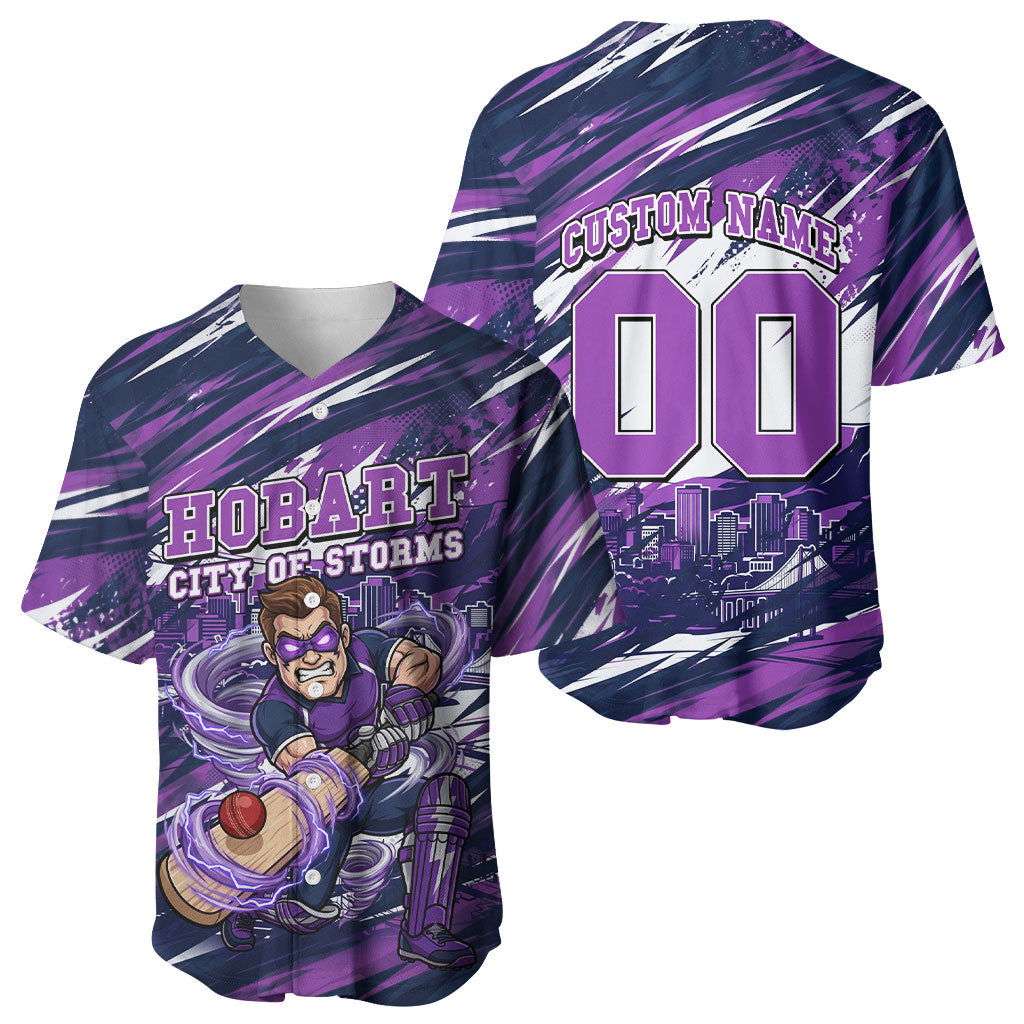 Personalised Hobart Hurricanes Cricket Fan Pride Baseball Jersey Dynamic Swirling Storm Cricket Graphic Art With Hobart Skyline