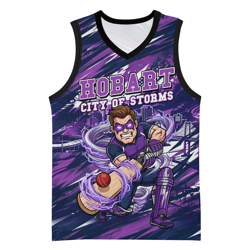 Personalised Hobart Hurricanes Cricket Fan Pride Basketball Jersey Dynamic Swirling Storm Cricket Graphic Art With Hobart Skyline