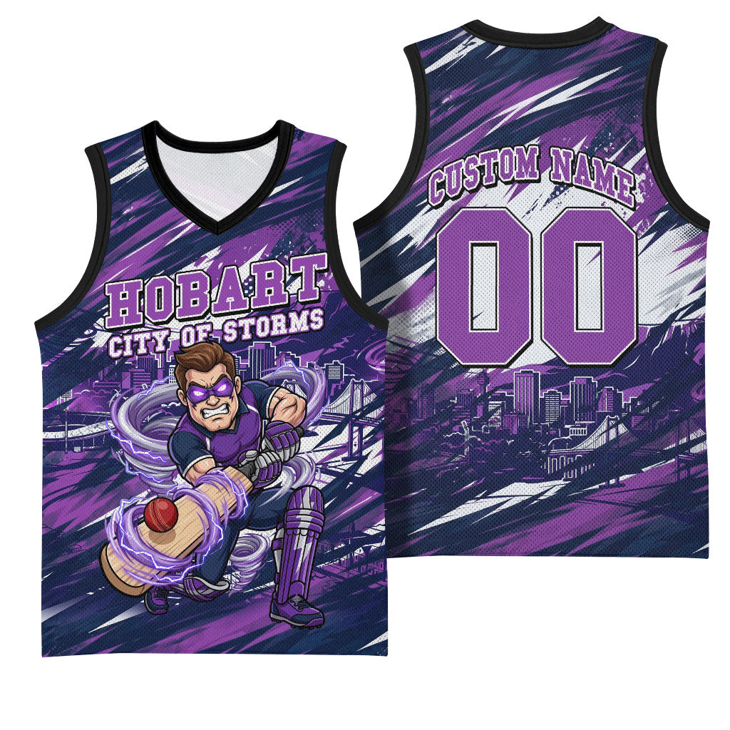 Personalised Hobart Hurricanes Cricket Fan Pride Basketball Jersey Dynamic Swirling Storm Cricket Graphic Art With Hobart Skyline