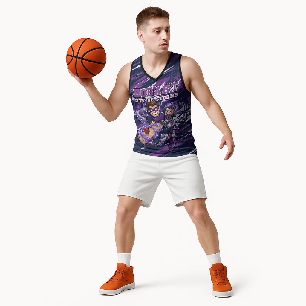 Personalised Hobart Hurricanes Cricket Fan Pride Basketball Jersey Dynamic Swirling Storm Cricket Graphic Art With Hobart Skyline