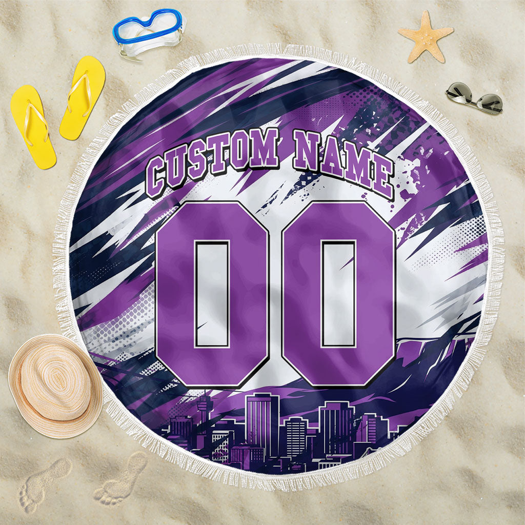 Personalised Hobart Hurricanes Cricket Fan Pride Beach Blanket Dynamic Swirling Storm Cricket Graphic Art With Hobart Skyline