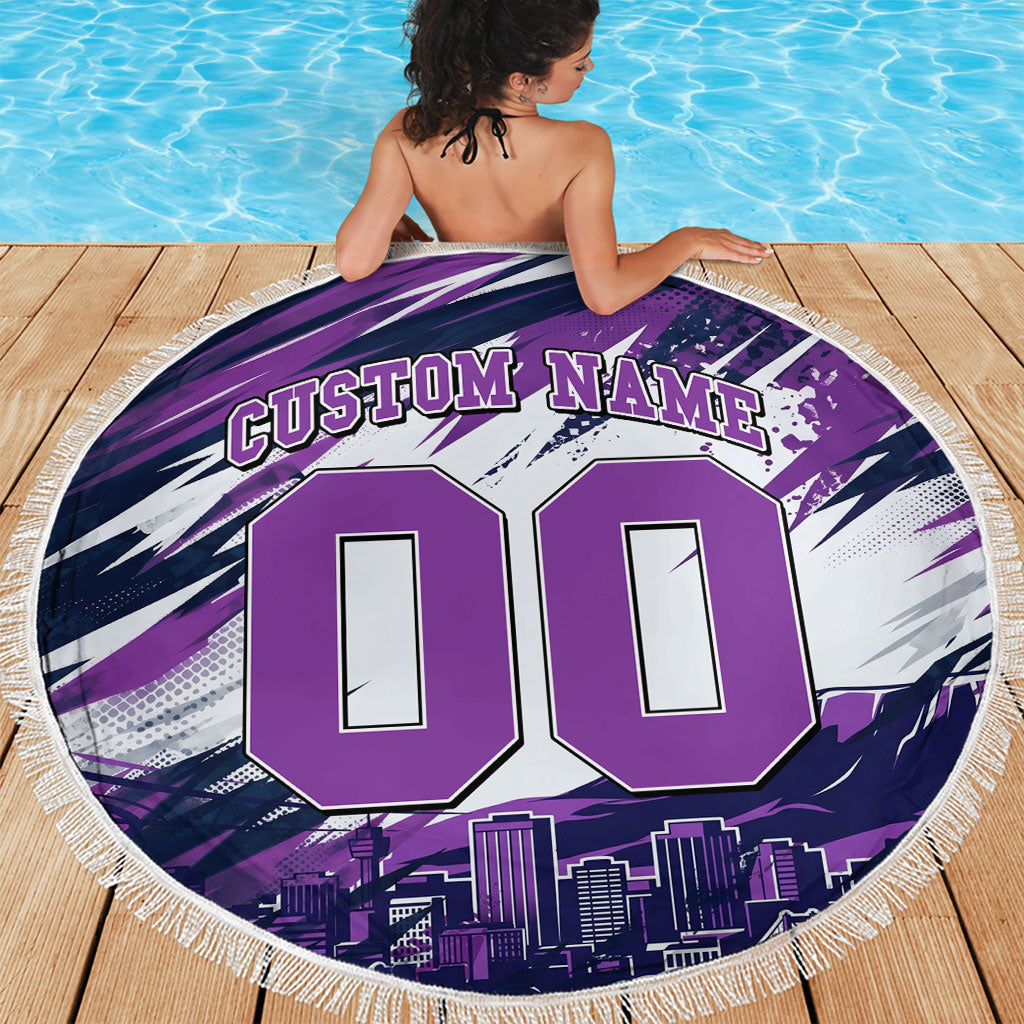 Personalised Hobart Hurricanes Cricket Fan Pride Beach Blanket Dynamic Swirling Storm Cricket Graphic Art With Hobart Skyline