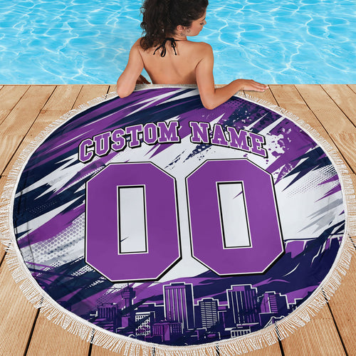 Personalised Hobart Hurricanes Cricket Fan Pride Beach Blanket Dynamic Swirling Storm Cricket Graphic Art With Hobart Skyline