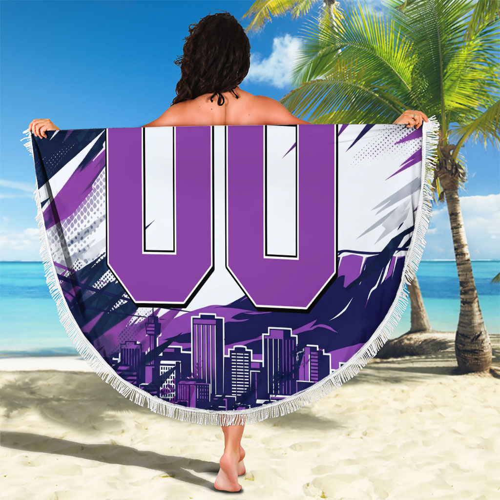 Personalised Hobart Hurricanes Cricket Fan Pride Beach Blanket Dynamic Swirling Storm Cricket Graphic Art With Hobart Skyline