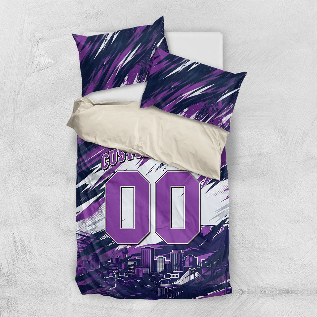 Personalised Hobart Hurricanes Cricket Fan Pride Bedding Set Dynamic Swirling Storm Cricket Graphic Art With Hobart Skyline