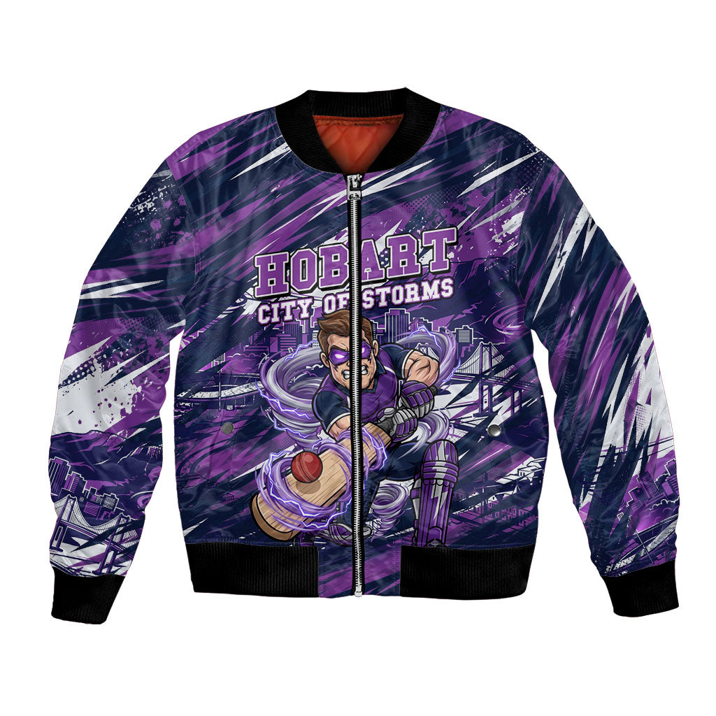 Personalised Hobart Hurricanes Cricket Fan Pride Bomber Jacket Dynamic Swirling Storm Cricket Graphic Art With Hobart Skyline