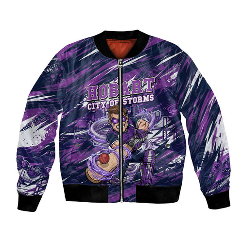 Personalised Hobart Hurricanes Cricket Fan Pride Bomber Jacket Dynamic Swirling Storm Cricket Graphic Art With Hobart Skyline