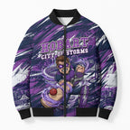 Personalised Hobart Hurricanes Cricket Fan Pride Bomber Puffer Jacket Dynamic Swirling Storm Cricket Graphic Art With Hobart Skyline