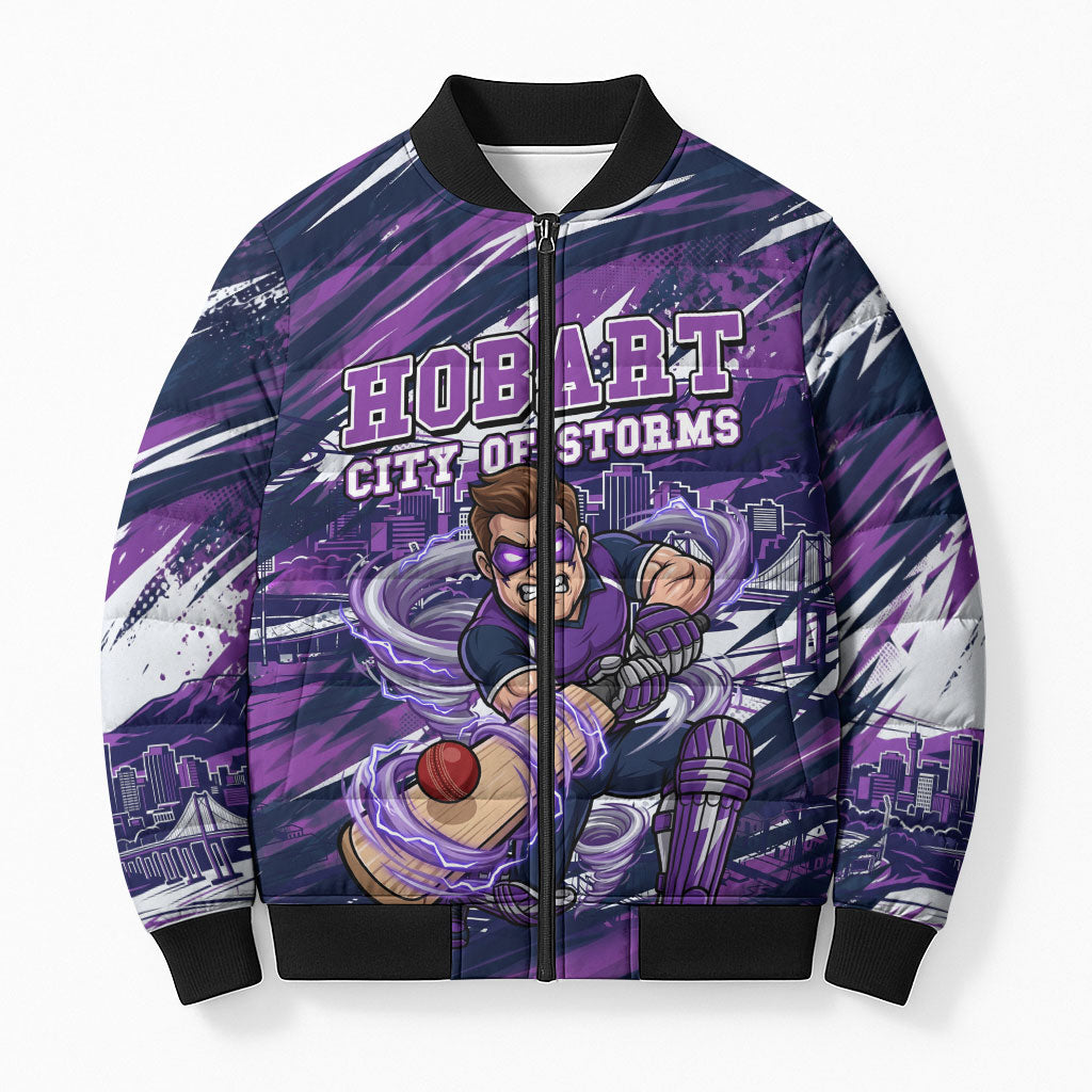 Personalised Hobart Hurricanes Cricket Fan Pride Bomber Puffer Jacket Dynamic Swirling Storm Cricket Graphic Art With Hobart Skyline
