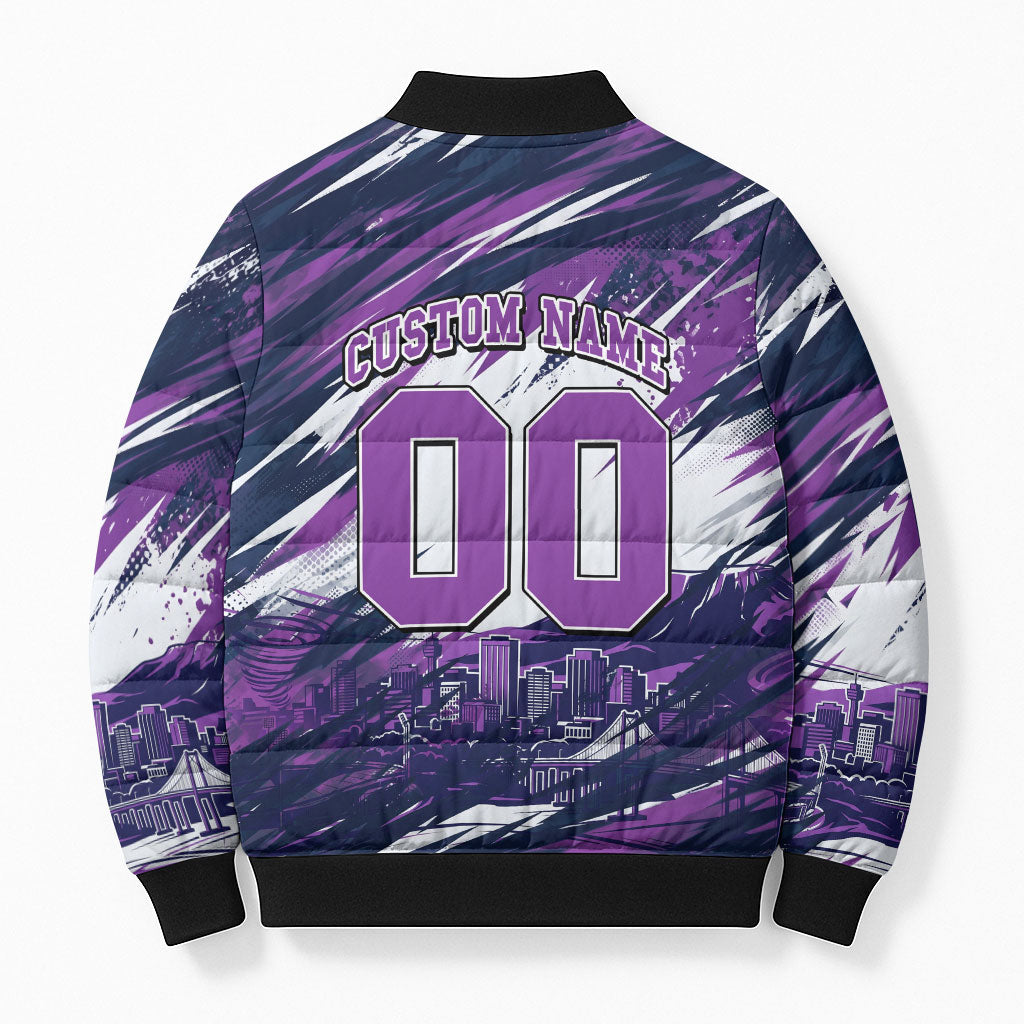 Personalised Hobart Hurricanes Cricket Fan Pride Bomber Puffer Jacket Dynamic Swirling Storm Cricket Graphic Art With Hobart Skyline