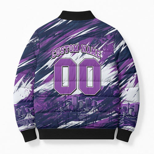 Personalised Hobart Hurricanes Cricket Fan Pride Bomber Puffer Jacket Dynamic Swirling Storm Cricket Graphic Art With Hobart Skyline