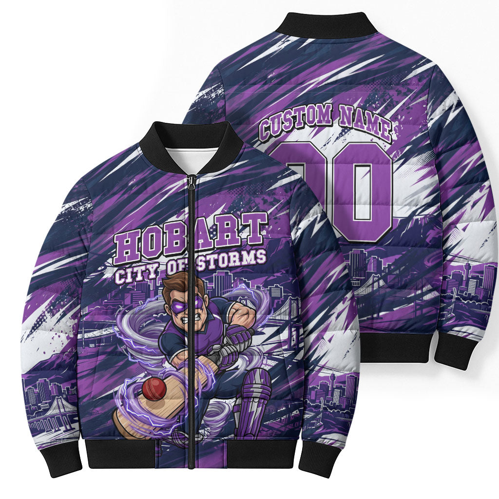 Personalised Hobart Hurricanes Cricket Fan Pride Bomber Puffer Jacket Dynamic Swirling Storm Cricket Graphic Art With Hobart Skyline