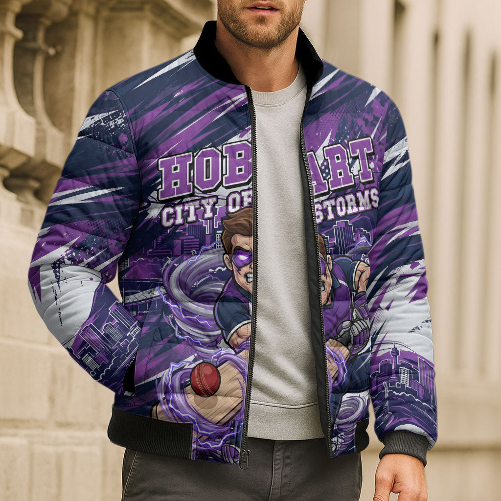 Personalised Hobart Hurricanes Cricket Fan Pride Bomber Puffer Jacket Dynamic Swirling Storm Cricket Graphic Art With Hobart Skyline