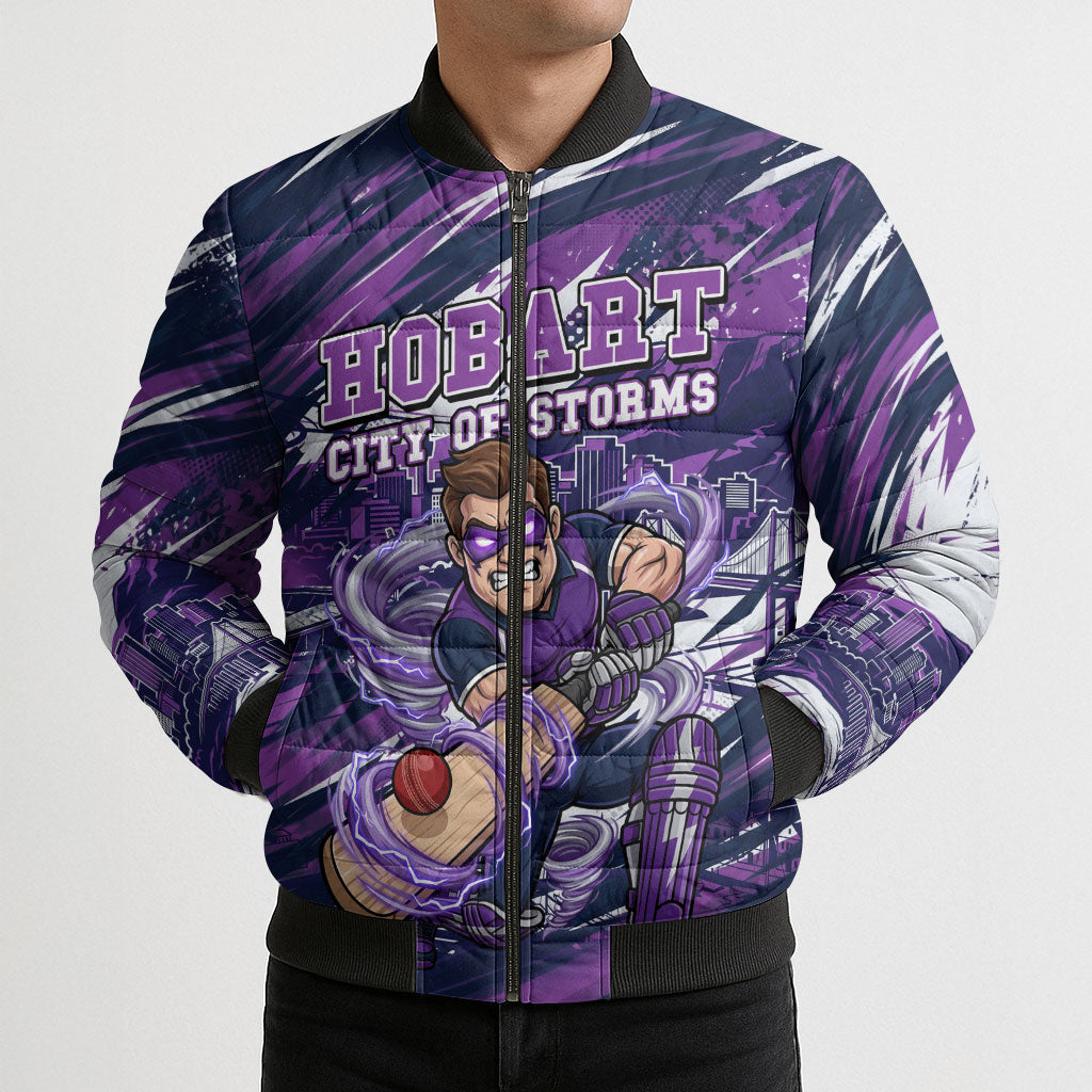 Personalised Hobart Hurricanes Cricket Fan Pride Bomber Puffer Jacket Dynamic Swirling Storm Cricket Graphic Art With Hobart Skyline