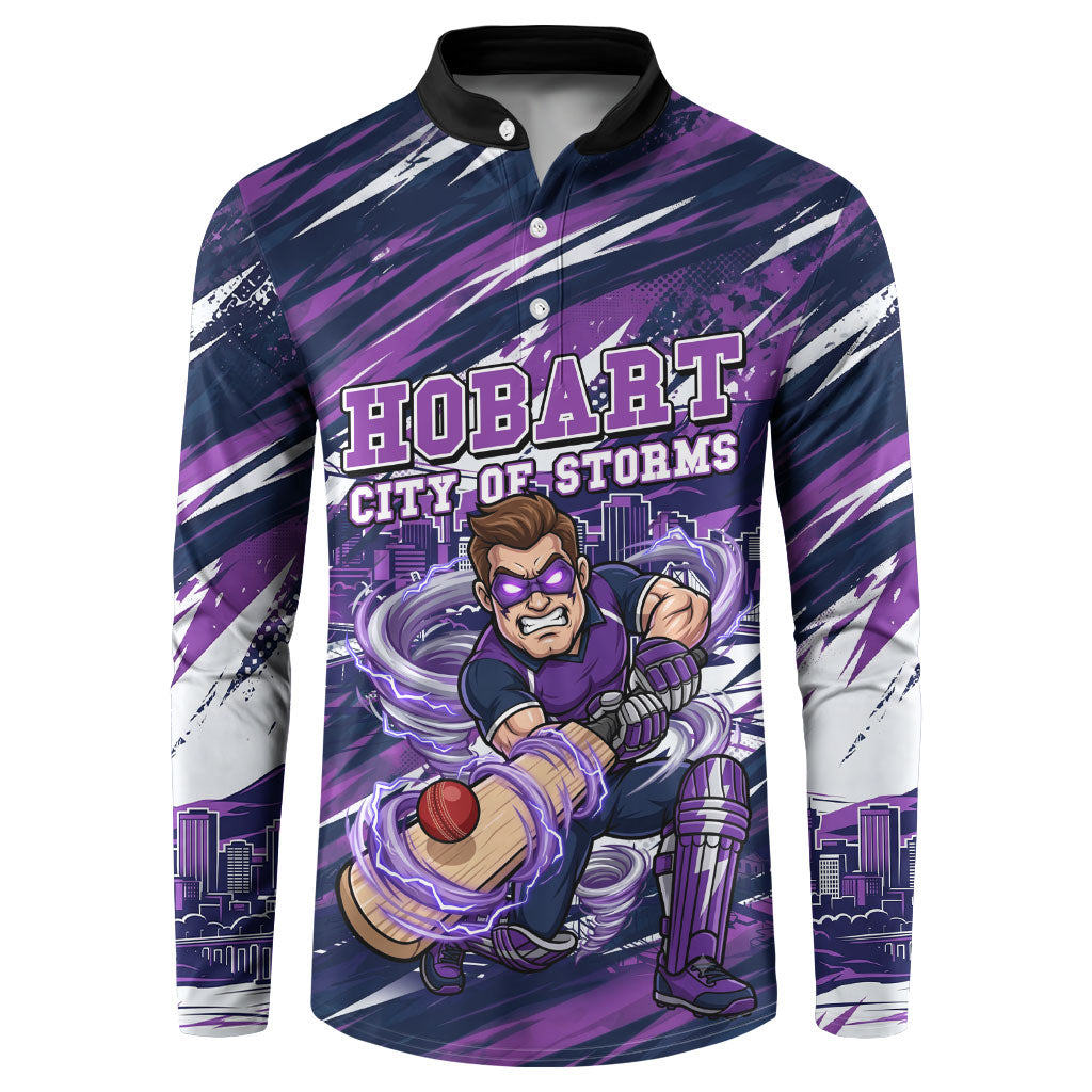 Personalised Hobart Hurricanes Cricket Fan Pride Button Sweatshirt Dynamic Swirling Storm Cricket Graphic Art With Hobart Skyline
