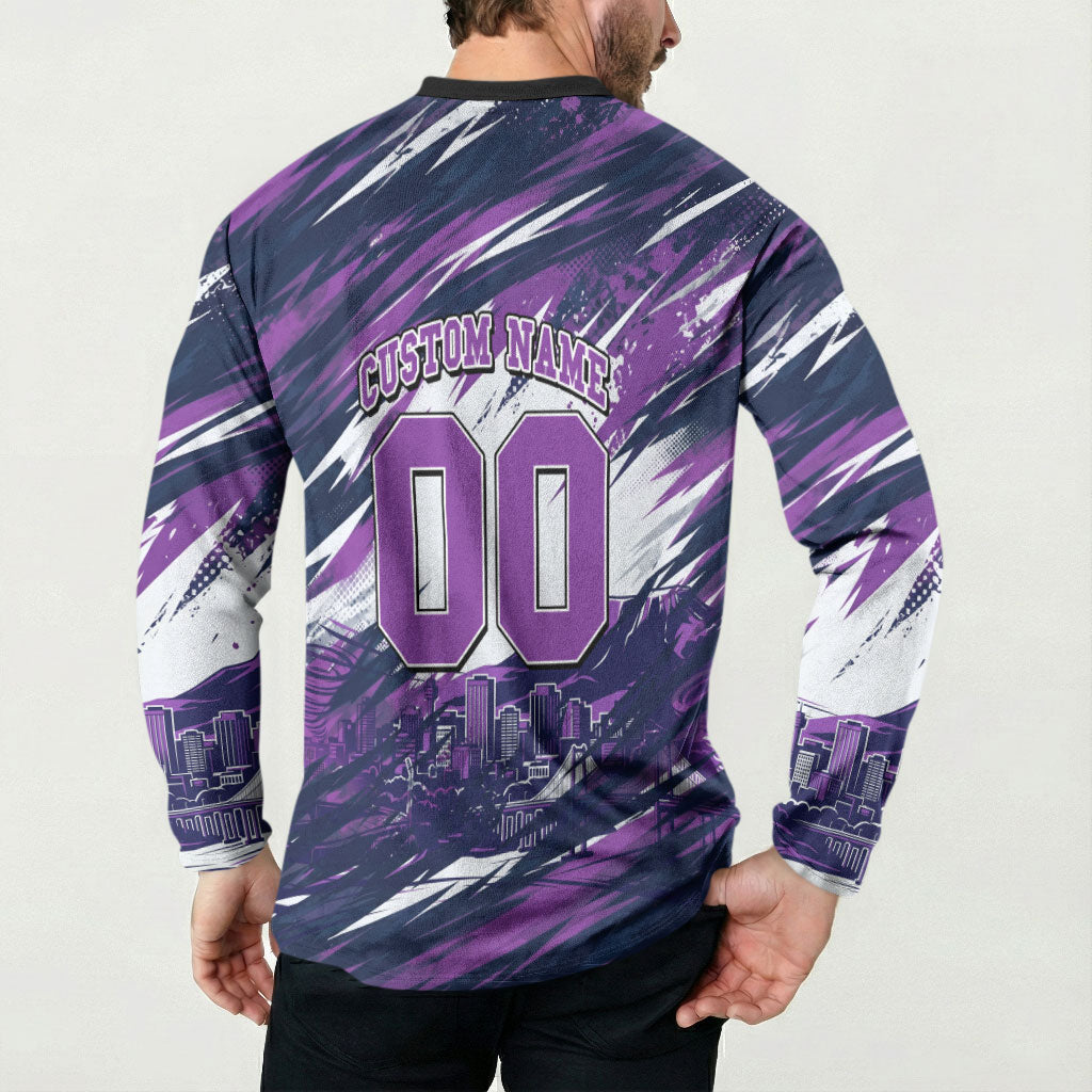 Personalised Hobart Hurricanes Cricket Fan Pride Button Sweatshirt Dynamic Swirling Storm Cricket Graphic Art With Hobart Skyline