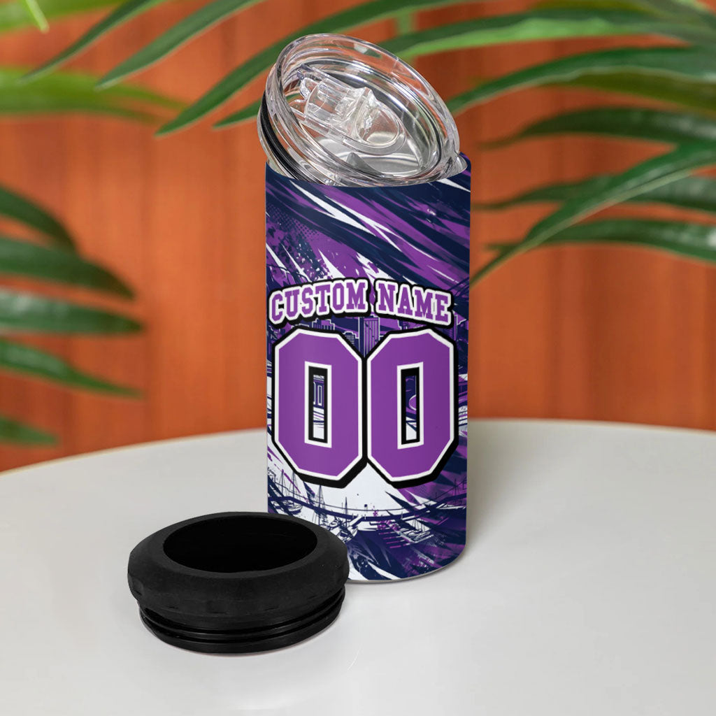 Personalised Hobart Hurricanes Cricket Fan Pride 4 in 1 Can Cooler Tumbler Dynamic Swirling Storm Cricket Graphic Art With Hobart Skyline