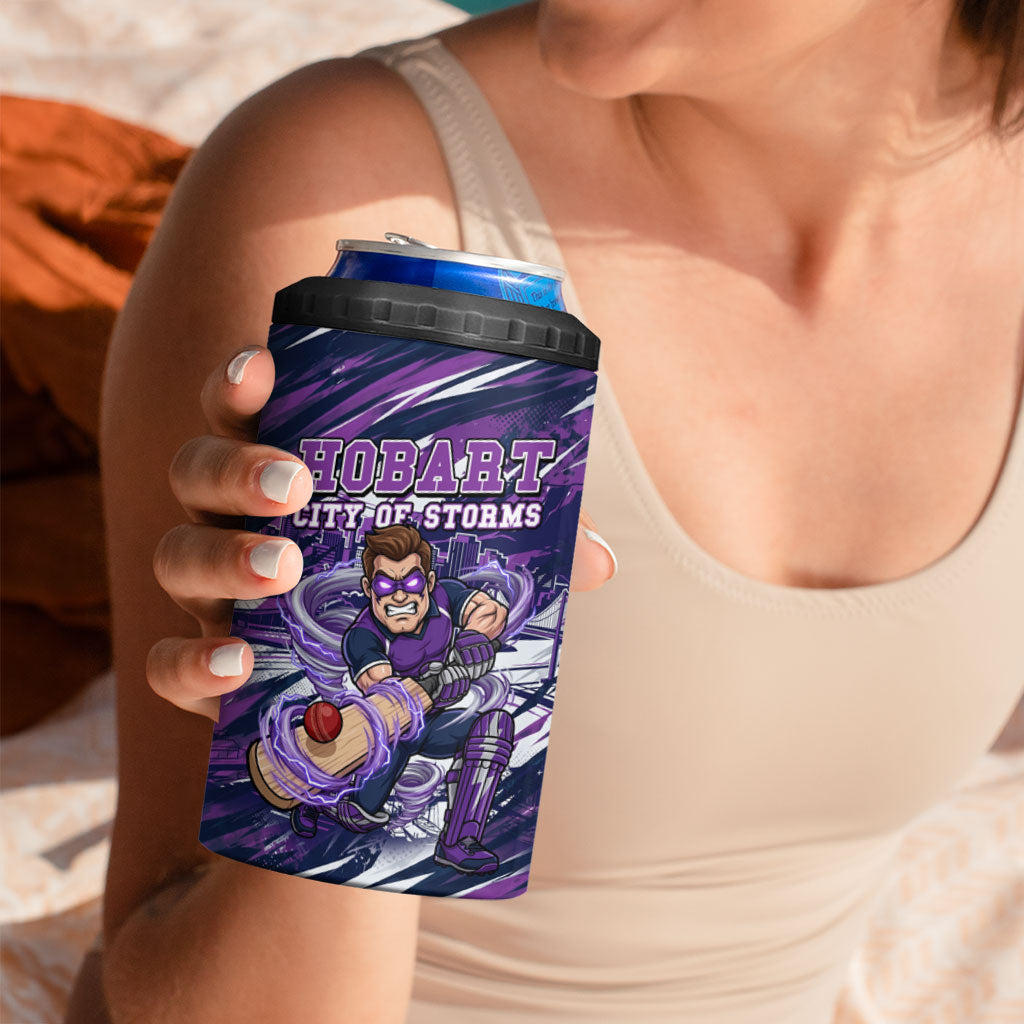 Personalised Hobart Hurricanes Cricket Fan Pride 4 in 1 Can Cooler Tumbler Dynamic Swirling Storm Cricket Graphic Art With Hobart Skyline