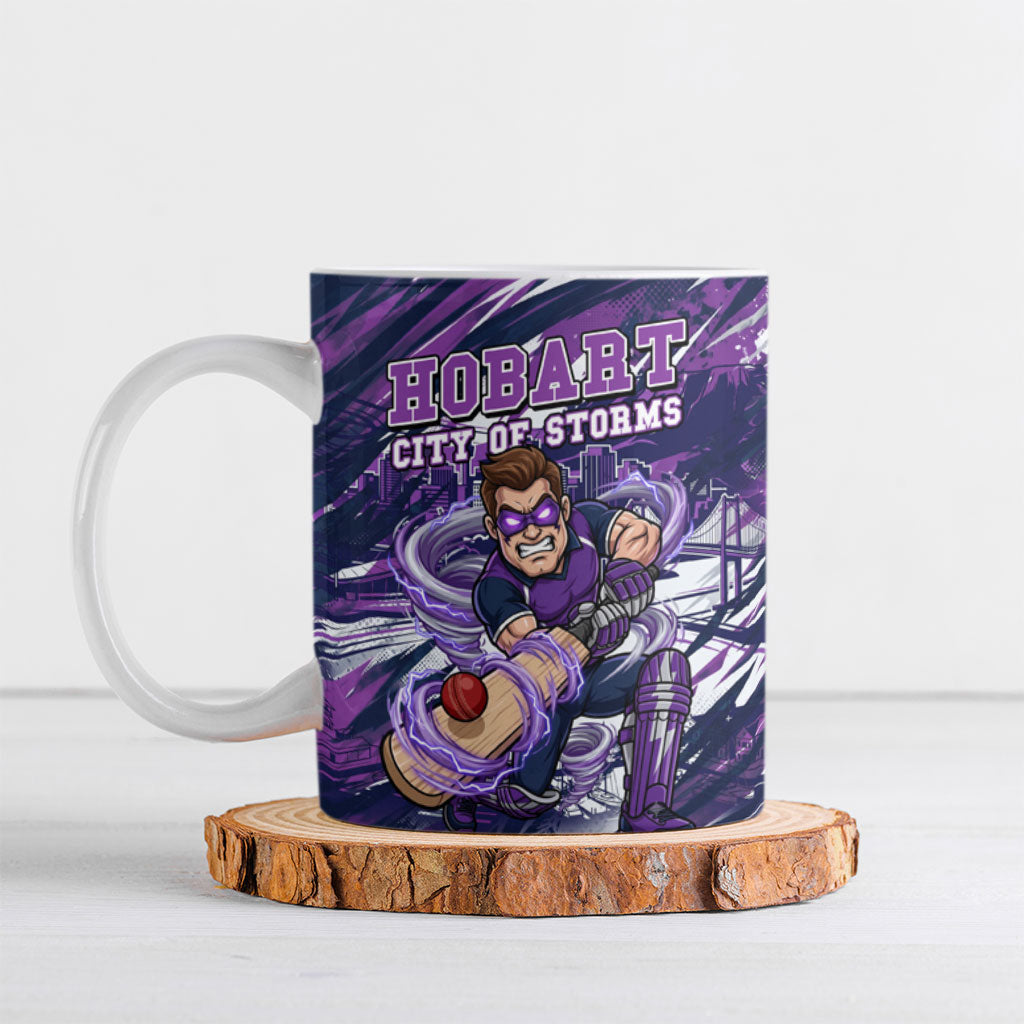 Personalised Hobart Hurricanes Cricket Fan Pride Ceramic Mug Dynamic Swirling Storm Cricket Graphic Art With Hobart Skyline