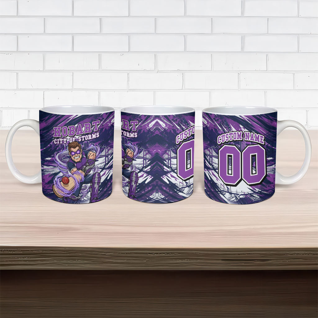 Personalised Hobart Hurricanes Cricket Fan Pride Ceramic Mug Dynamic Swirling Storm Cricket Graphic Art With Hobart Skyline