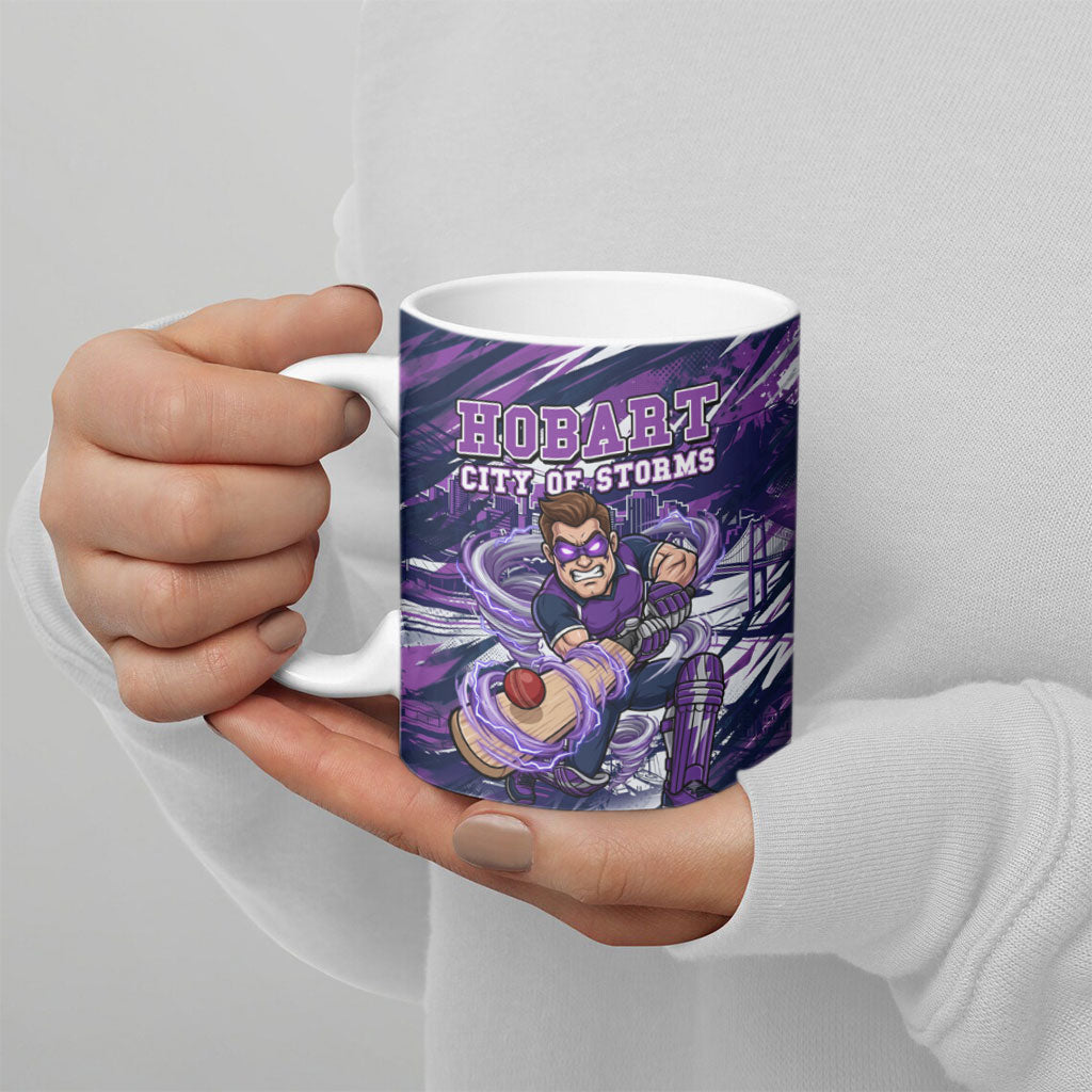 Personalised Hobart Hurricanes Cricket Fan Pride Ceramic Mug Dynamic Swirling Storm Cricket Graphic Art With Hobart Skyline