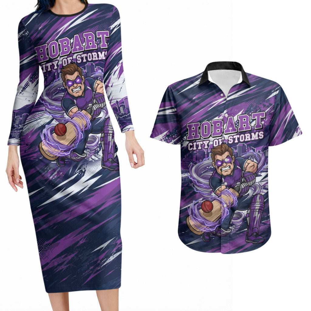 Personalised Hobart Hurricanes Cricket Fan Pride Couples Matching Long Sleeve Bodycon Dress and Hawaiian Shirt Dynamic Swirling Storm Cricket Graphic Art With Hobart Skyline