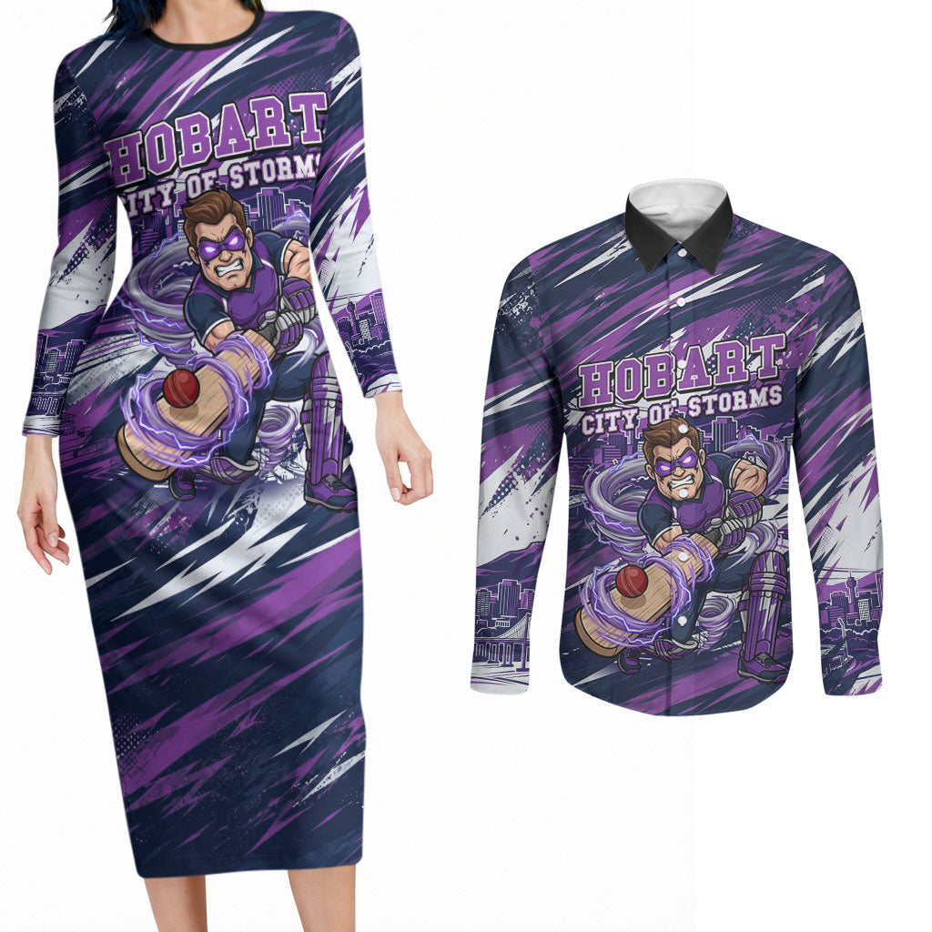 Personalised Hobart Hurricanes Cricket Fan Pride Couples Matching Long Sleeve Bodycon Dress and Long Sleeve Button Shirt Dynamic Swirling Storm Cricket Graphic Art With Hobart Skyline