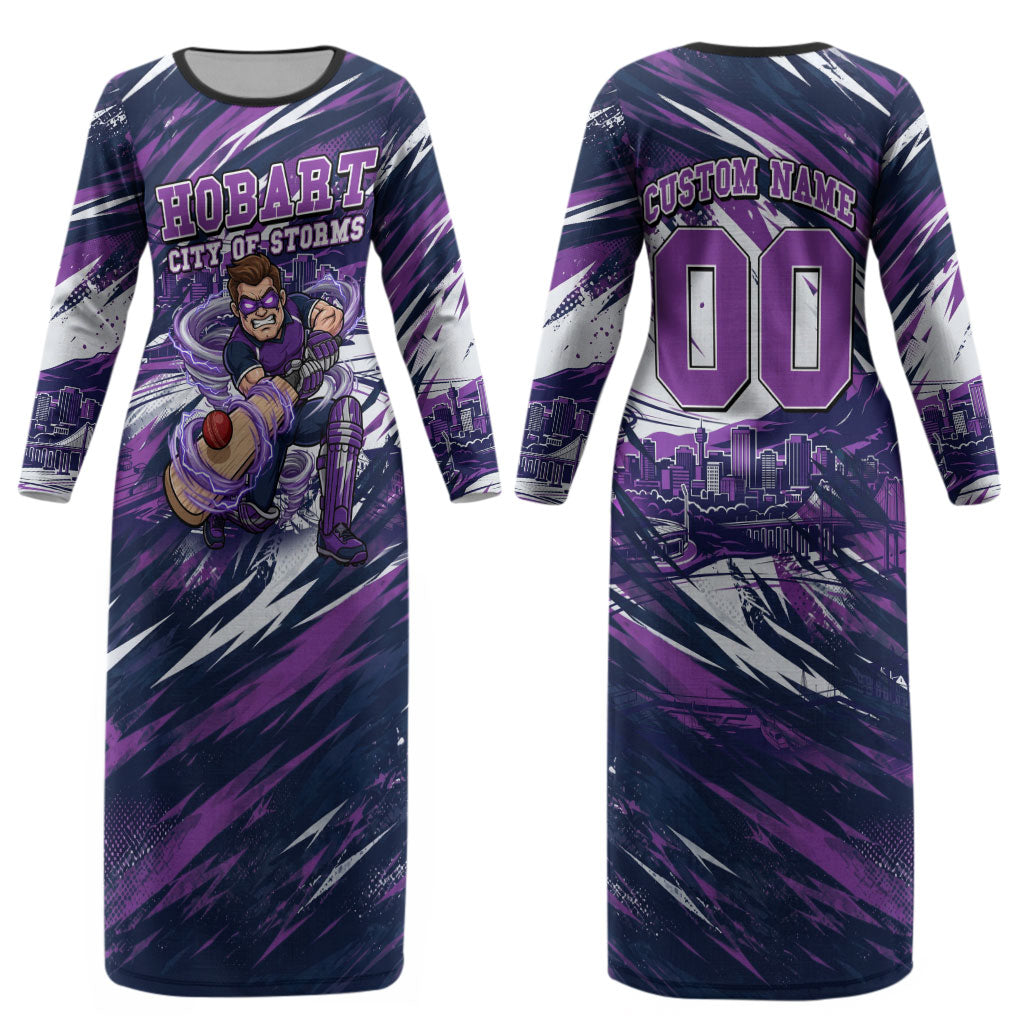 Personalised Hobart Hurricanes Cricket Fan Pride Couples Matching Long Sleeve Bodycon Dress and Long Sleeve Button Shirt Dynamic Swirling Storm Cricket Graphic Art With Hobart Skyline