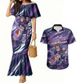 Personalised Hobart Hurricanes Cricket Fan Pride Couples Matching Mermaid Dress and Hawaiian Shirt Dynamic Swirling Storm Cricket Graphic Art With Hobart Skyline