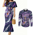 Personalised Hobart Hurricanes Cricket Fan Pride Couples Matching Mermaid Dress and Long Sleeve Button Shirt Dynamic Swirling Storm Cricket Graphic Art With Hobart Skyline