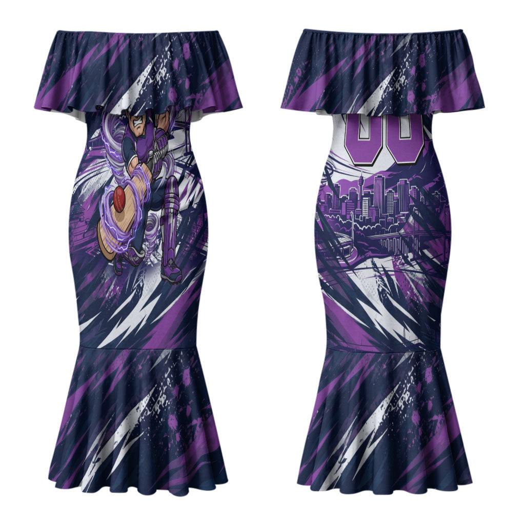Personalised Hobart Hurricanes Cricket Fan Pride Couples Matching Mermaid Dress and Long Sleeve Button Shirt Dynamic Swirling Storm Cricket Graphic Art With Hobart Skyline